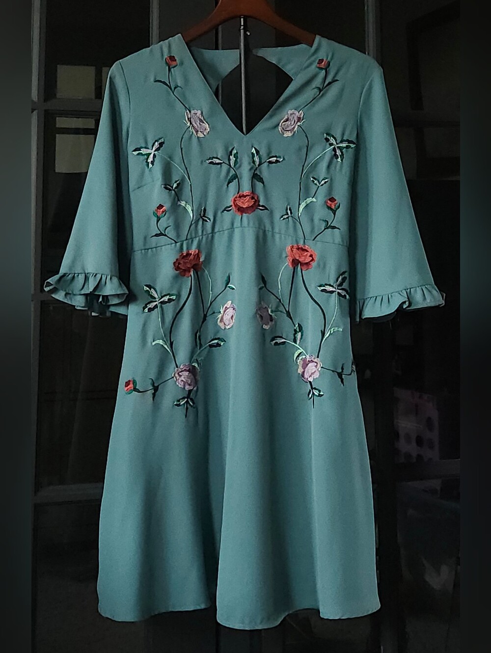ASOS Fairycore Teal Green Embroidered Floral Dress Cutout Back Indie 6